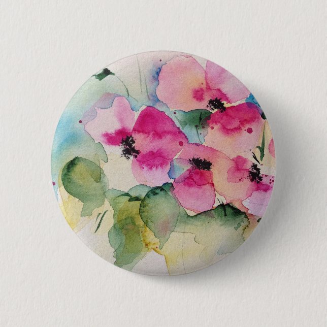 Badge Rond 5 Cm Fleurs roses à l'aquarelle (Devant)