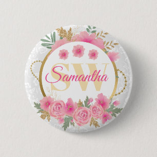 Badge Rond 5 Cm Fleurs roses à l'aquarelle et monogramme en feuill