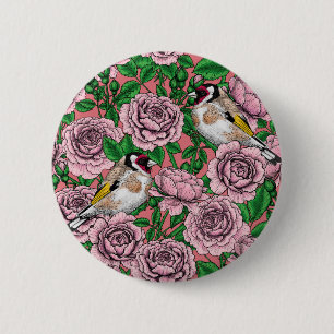 Badge Rond 5 Cm Fleurs roses roses et oiseaux dorés