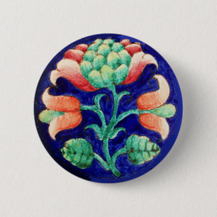 BADGE ROND 5 CM FLEURS ROSES STYLISÉES, FLEURS VERTES BLEUES