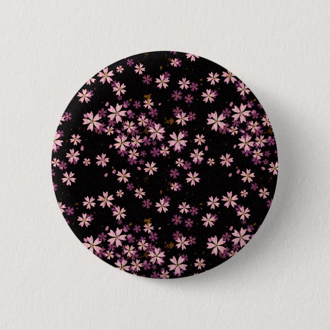 Badge Rond 5 Cm Fleurs roses sur le noir (Devant)