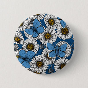 Badge Rond 5 Cm Fleurs sauvages blanches et papillons bleus
