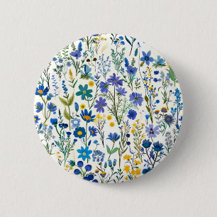 Badge Rond 5 Cm Fleurs sauvages de Jardin Bleu Rustique