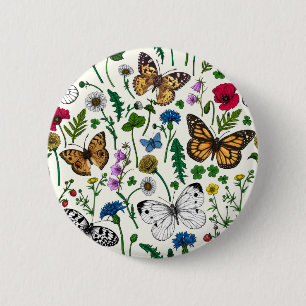 Badge Rond 5 Cm Fleurs sauvages et papillons sur blanc
