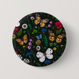 Badge Rond 5 Cm Fleurs sauvages et papillons sur le noir