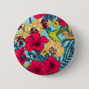 Badge Rond 5 Cm Fleurs tropicales et colibri - Botanica d'été