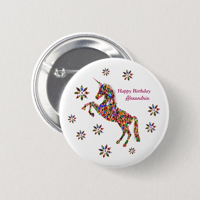Badge Rond 5 Cm Fleurs Unicorne Magique Anniversaire Personnaliser (Devant & derrière)