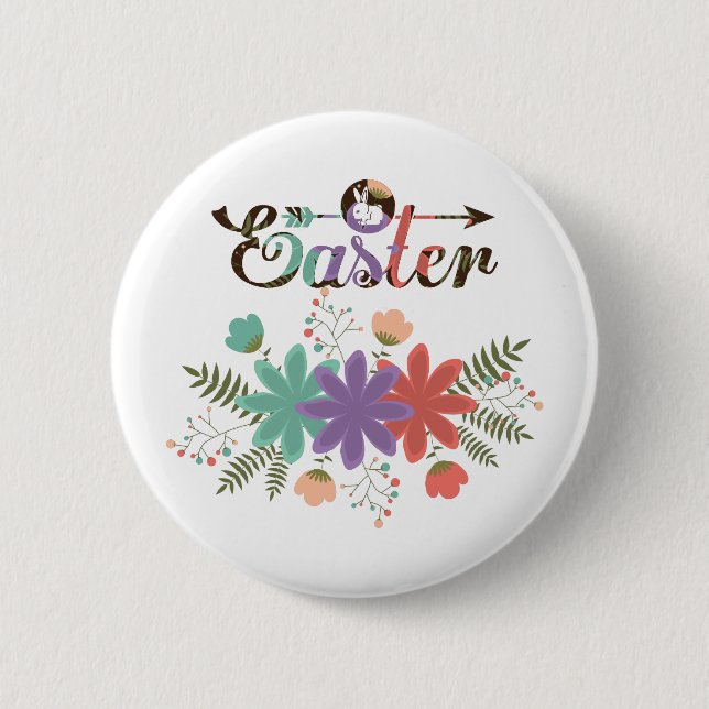 Badge Rond 5 Cm Fleurs Vert Violet Et Rouge Avec Lapin (Devant)