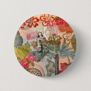 Badge Rond 5 Cm Fleurs Vintage Hula Coloré Hawaïen Tropical