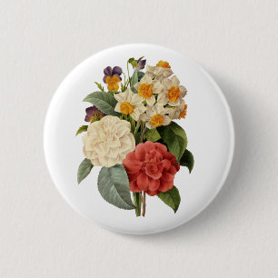 Badge Rond 5 Cm Fleurs vintages, Camellias et Narcisse, Redoute