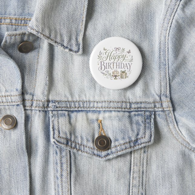 Badge Rond 5 Cm Fleurs violettes vertes Joyeux Anniversaire  (En situation)
