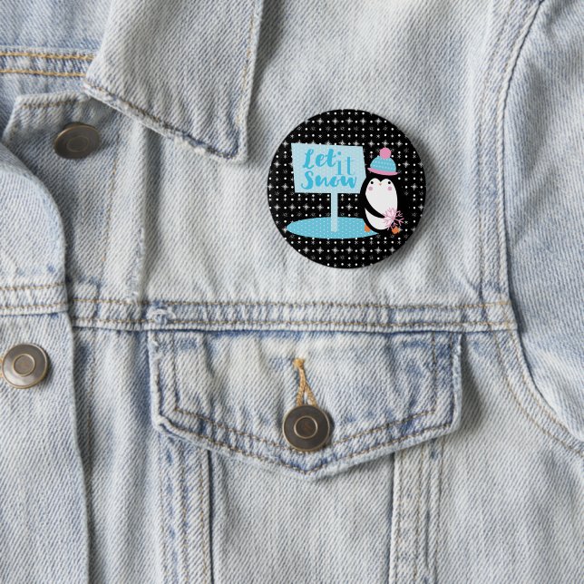 Badge Rond 5 Cm Flocons Mignons  Manchot Noir Blanc   (En situation)