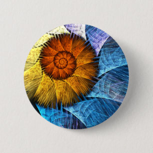 Badge Rond 5 Cm Floral Orange Bleu Jaune Art Abstrait