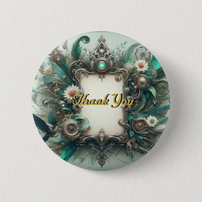 Badge Rond 5 Cm Floral Steampunk Mariage vert et argent (Devant)