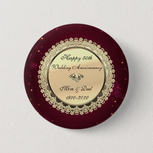 Badge Rond 5 Cm Flore d'or tournoie rouge 50e anniversaire Mariage