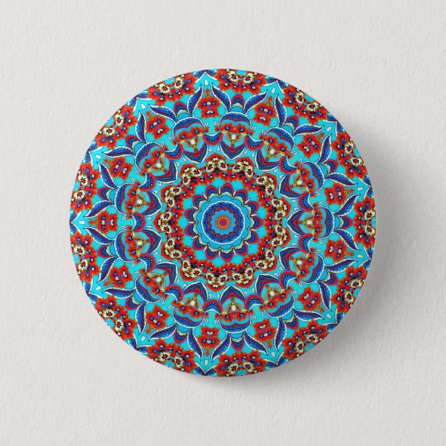 Badge Rond 5 Cm Flore Turquoise bleu Mandala Boho (Devant)