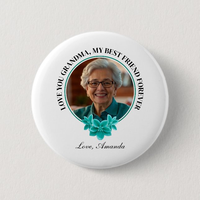 Badge Rond 5 Cm Flore Turquoise cadre grand-enfant à grand-mère Ph (Devant)