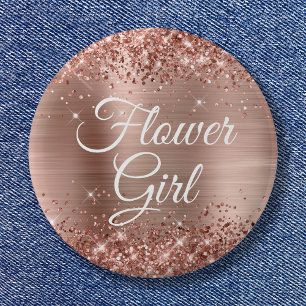 Badge Rond 5 Cm Flower Girl Glittery Rose Gold