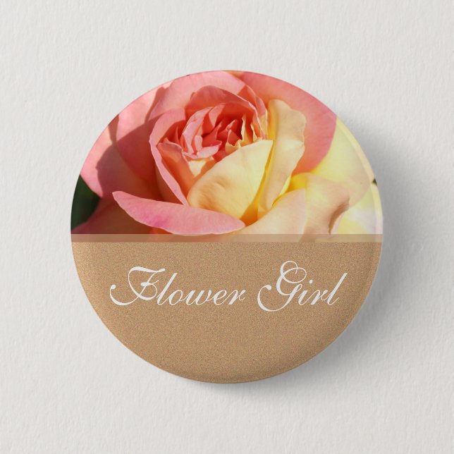 Badge Rond 5 Cm Flower girl rose jaune rose mariage bouton nom. (Devant)