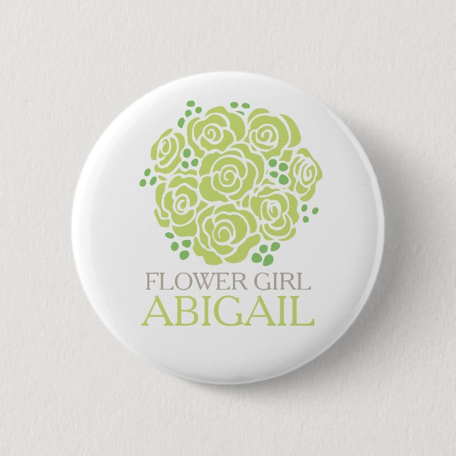 Badge Rond 5 Cm Flower girl roses verts nommé mariage pin bouton (Devant)
