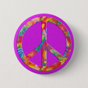 Badge Rond 5 Cm Flower Power Paix éclaboussure rose