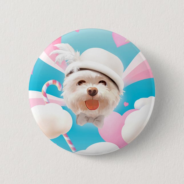 Badge Rond 5 Cm Fluffy Dog avec Casquette blanc (Devant)