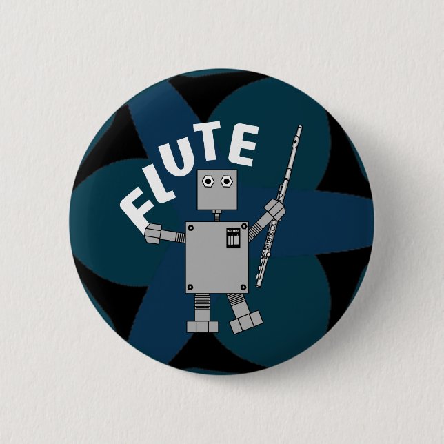 Badge Rond 5 Cm flûte, robot, musicien, joueur, musique, entrée mu (Devant)