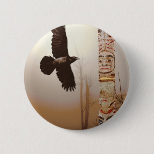 Badge Rond 5 Cm Flying Raven & Totem-Pole Imaginaire Art