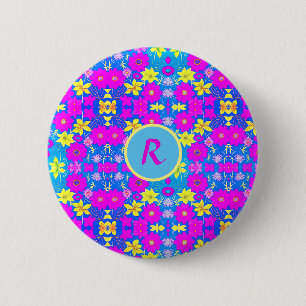 Badge Rond 5 Cm Fond à motif de fleurs rose bleu jaune ajouter nom