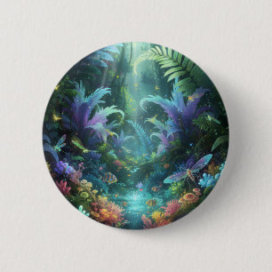 Badge Rond 5 Cm Forêt de Jungle Magique Enchantée à Bioluminescenc