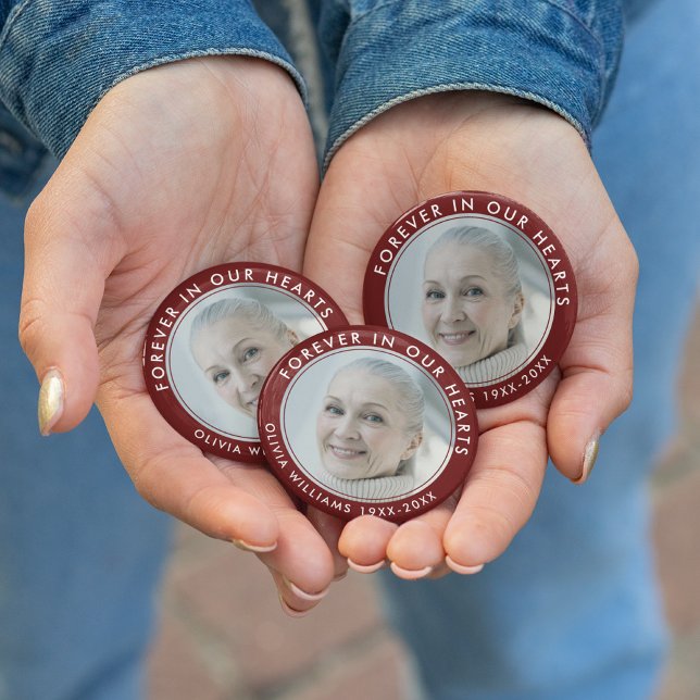 Badge Rond 5 Cm Forever in Our Hearts Funeral Memorial Rouge Photo (Créateur téléchargé)