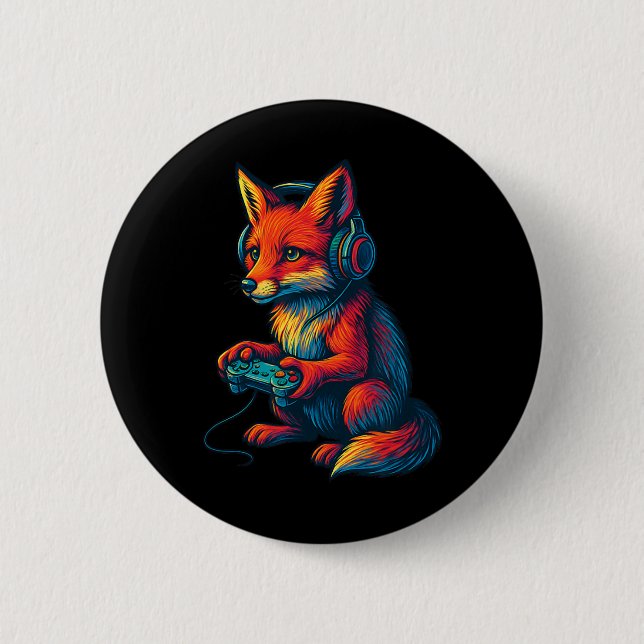 Badge Rond 5 Cm Fox Gaming With Headphones Funny Video Games Gamer (Devant)