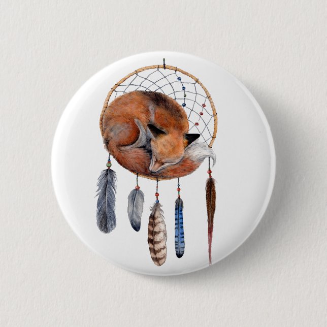 Badge Rond 5 Cm Fox rouge dormant sur Dreamcatcher (Devant)