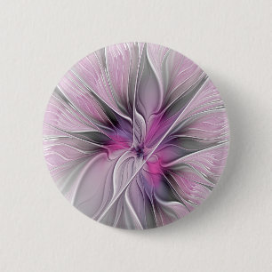 Badge Rond 5 Cm Fractal Floral Moderne Abstrait Fleur Rose Gris