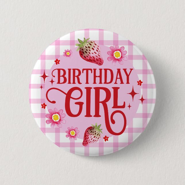Badge Rond 5 Cm Fraise et En vichy rose Fille d'anniversaire (Devant)