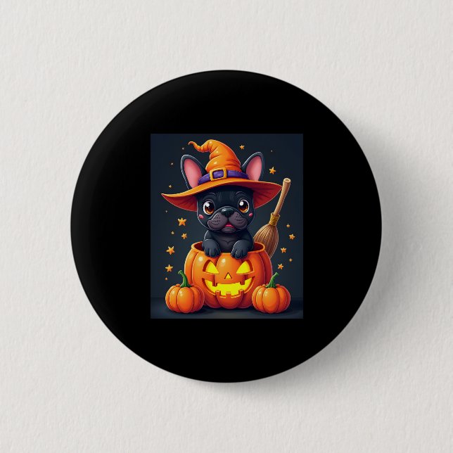 Badge Rond 5 Cm Française Bulldog sorcière Citrouille Halloween Ho (Devant)