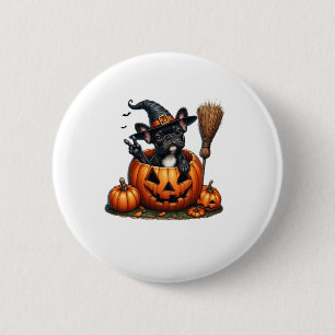 Badge Rond 5 Cm Française Bulldog sorcière Citrouille Halloween Ho
