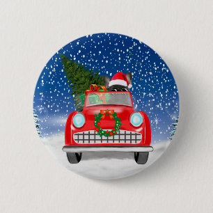 Badge Rond 5 Cm French Bulldog Driving Car In Snow Christmas 