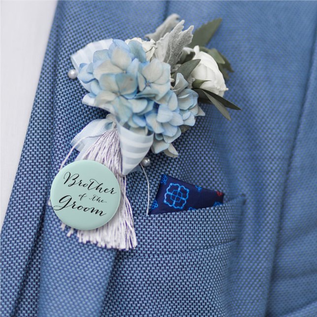 Badge Rond 5 Cm Frère du Marié Écriture Classique Mariage ('Brother of the Groom' Classic Script Calligraphy Wedding Rehearsal Pin Button @ fatfatin_blue_knot)