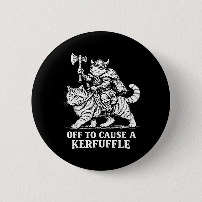 Badge Rond 5 Cm Frogue à cheval sur un chat médiéval pour causer u (Devant)