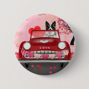 Badge Rond 5 Cm Frontière Collie voiture avec les coeurs Valentine