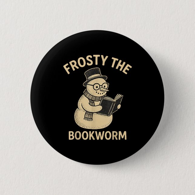 Badge Rond 5 Cm Frosty The Bookworm Snowman Reading  (Devant)