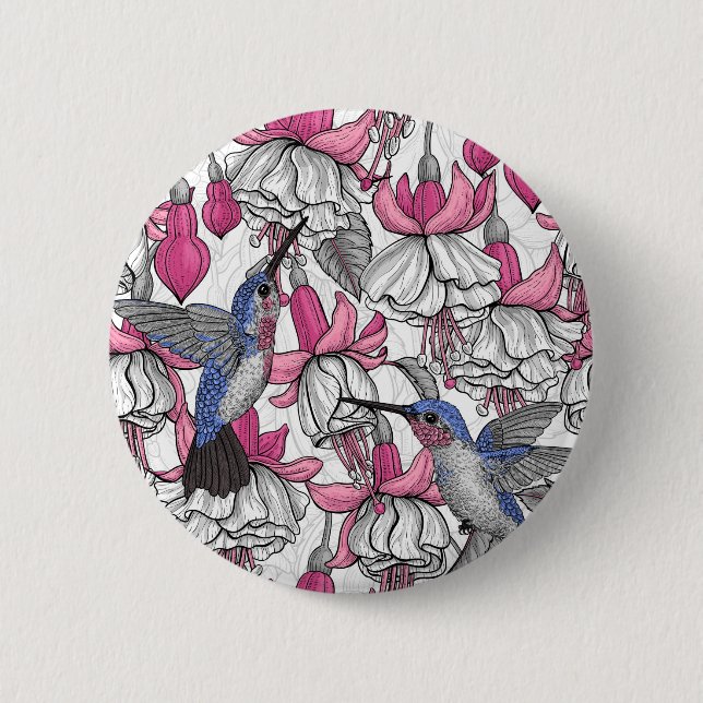Badge Rond 5 Cm Fuchsia et colibris blancs (Devant)