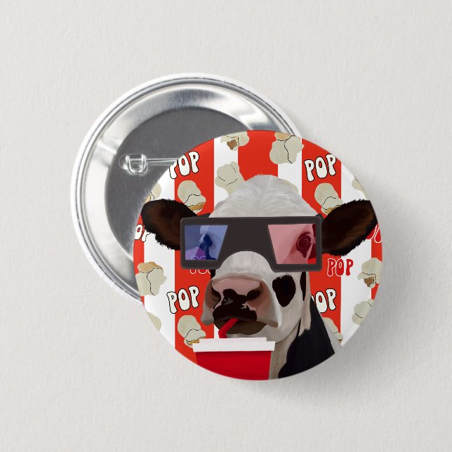 Badge Rond 5 Cm Fun Retro Popcorn Whimsical Cow - Red Stripes (Devant & derrière)