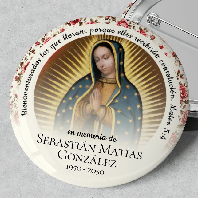 Badge Rond 5 Cm Funérailles espagnoles Virgen de Guadalupe (Virgen de Guadalupe, Our Lady of Guadalupe, funeral keepsake, funeral badge, In Loving Memory)