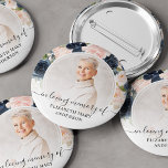 Badge Rond 5 Cm Funeral In Loving Memory Navy Pink Floral Photo<br><div class="desc">The perfect button for friends and family to wear at a funeral with an image of your loved one and the words "in loving memory" and their name. The design features a navy blue and blue pink watercolor floral design.</div>