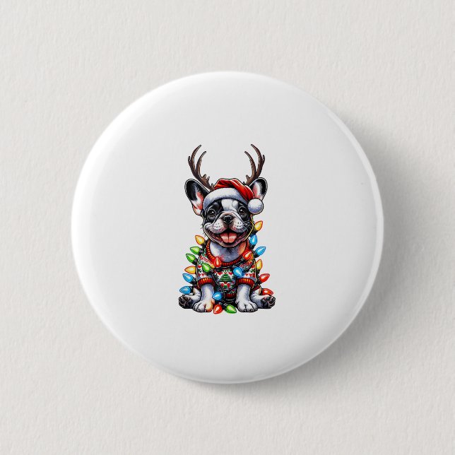 Badge Rond 5 Cm Funky French Bulldog Christmas Light Santa Hat Rei (Devant)