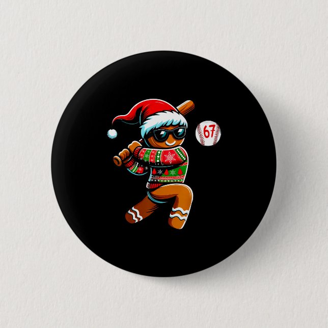 Badge Rond 5 Cm Funny 67 Gingerbread Man Playing Baseball Christma (Devant)