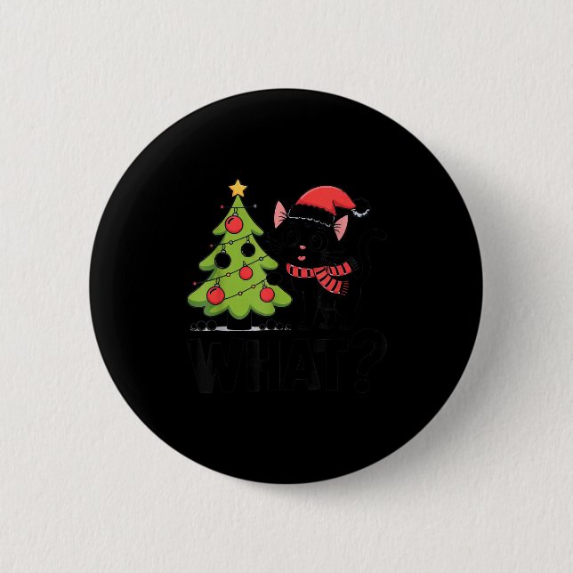 Badge Rond 5 Cm Funny Black Ca Pushing Christmas Tree Over Cat Wha (Devant)