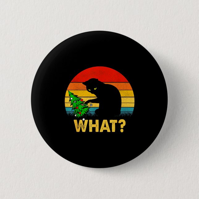 Badge Rond 5 Cm Funny Black Cat Gift Pushing Christmas Tree Over C (Devant)